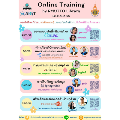 ขอเชิญร่วมอบรมในรูปแบบออนไลน์ Online Training by RMUTTO Library ระหว่างเดือน เมษายน- พฤษภาคม 2566
